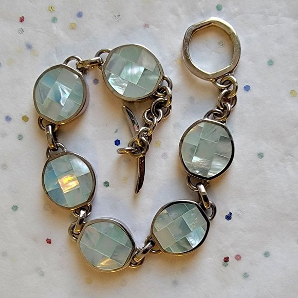 NEW REVERSIBLE PALE BLUE MOSAIC MOP SHELL STERLING SILVER BRACELET SOULFLOWER - Picture 1 of 3